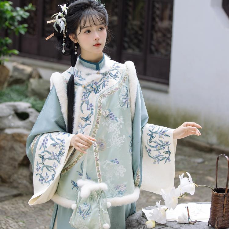 川黛时光：兰闺女书 毛条提花兰花刺绣马甲里衣半裙清雅华服套装