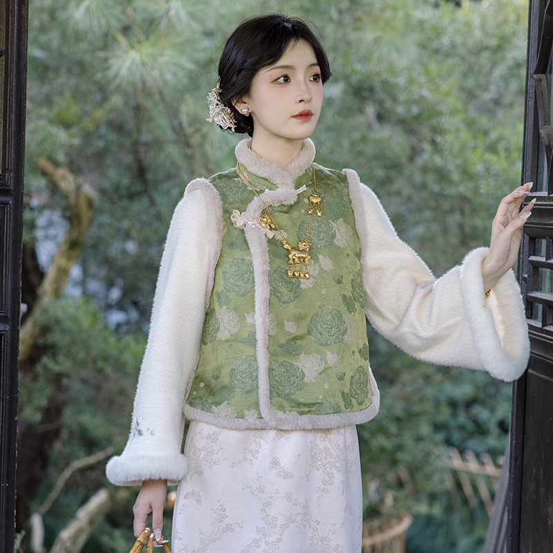 川黛时光：煮春茶 民国中式保暖夹棉马甲秋冬毛条边百搭短上衣女