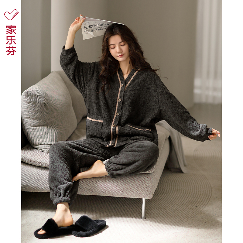 家乐芬睡衣女士冬季法兰绒珊瑚绒加厚加绒家居服秋冬款开衫可外穿