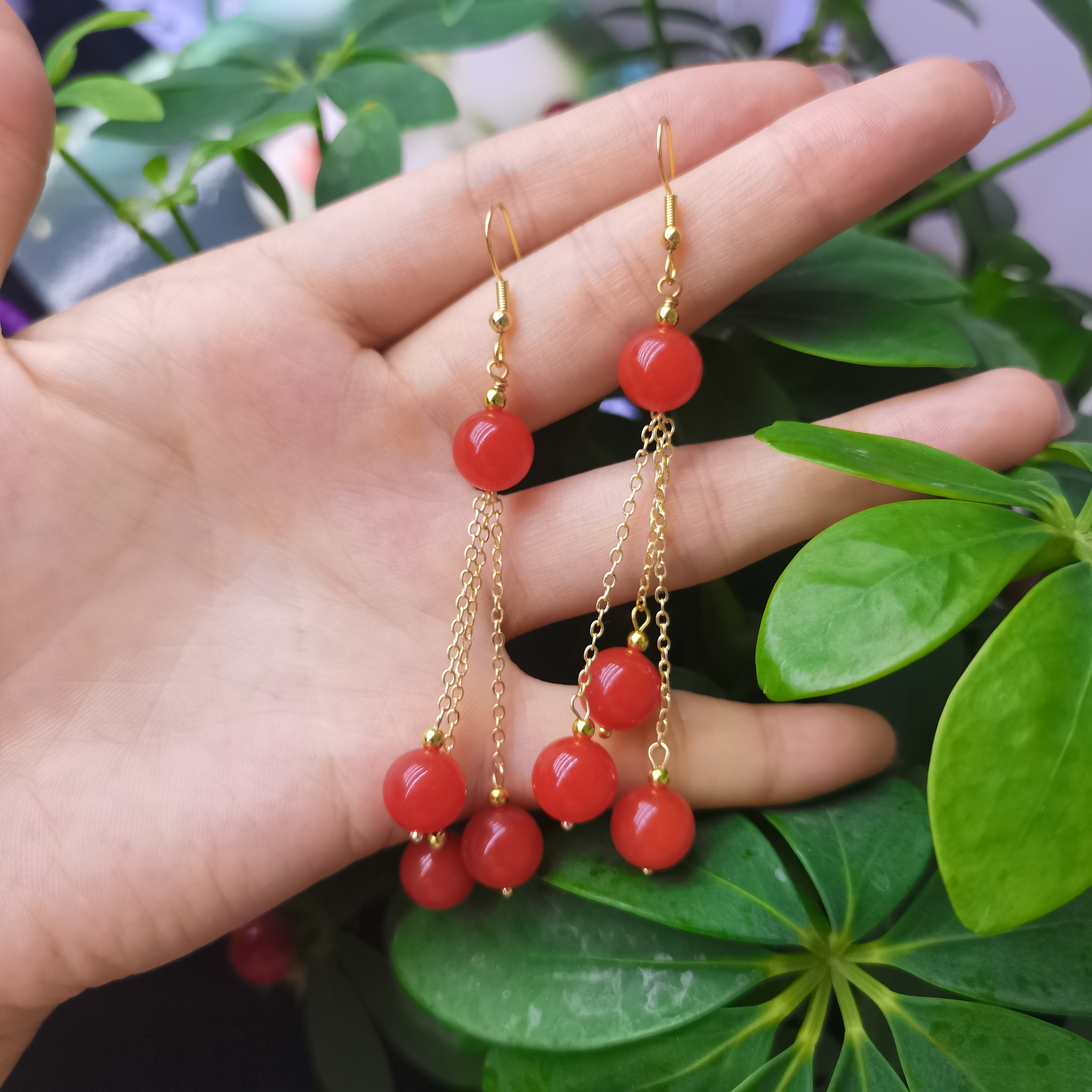 天然南红玛瑙柿子红流苏女款10mm圆珠长款耳坠百搭时尚款饰品003