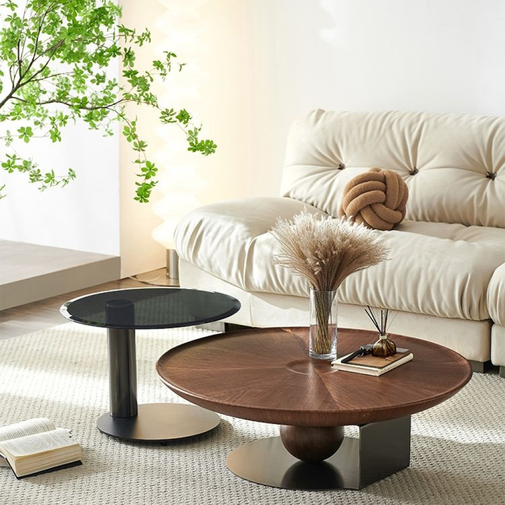 茶几圆形简约客厅家用网红桌子轻奢现代组合实木茶几侘寂风一体