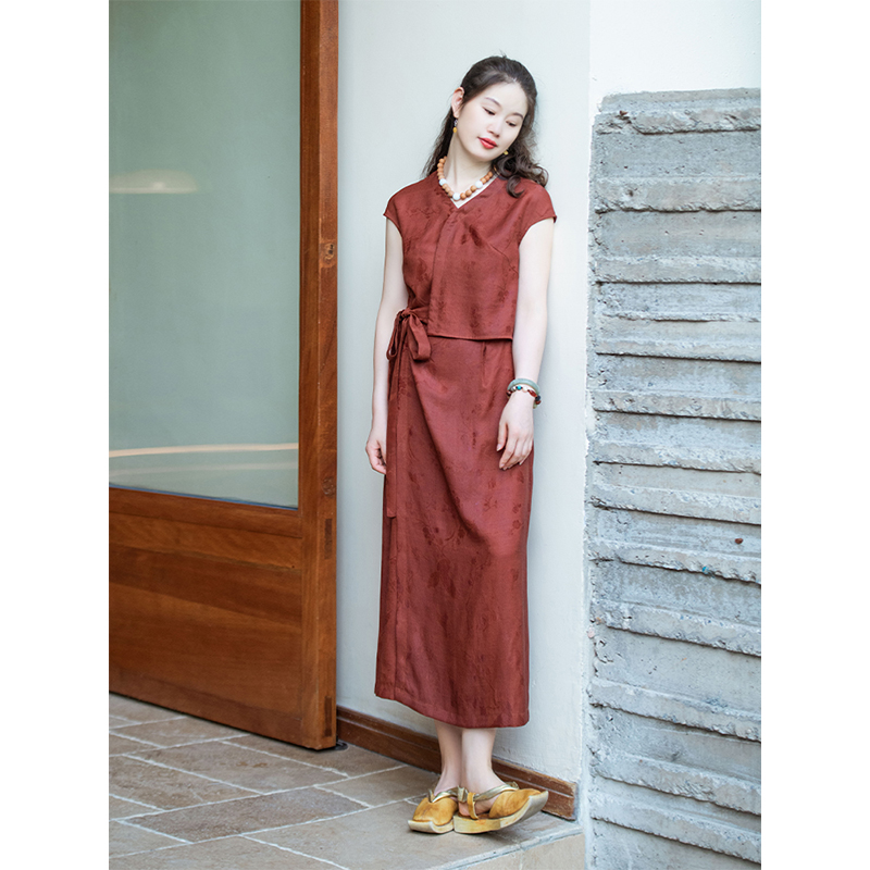 蘭襟【山野放歌】真丝红云纱假两件套小包袖连衣裙气质复古长款夏季