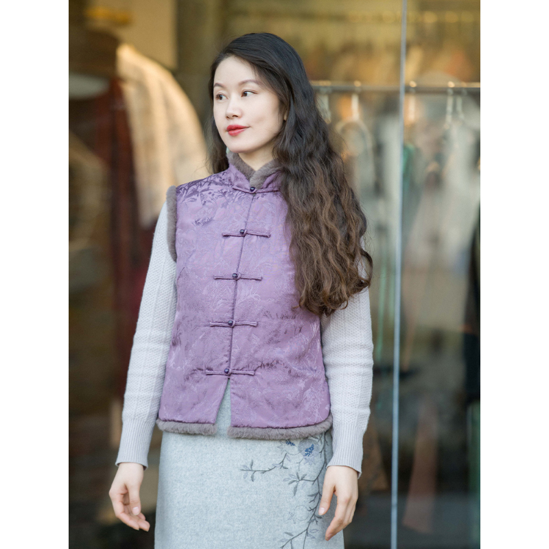 蘭襟【繁枝】答谢款提花棉麻拼毛条夹棉马夹中式复古立领加厚百搭