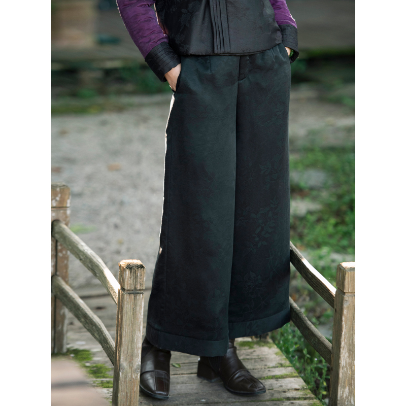 蘭襟【人间无价】真丝香云纱夹棉阔腿裤休闲棉裤长裤复古百搭显瘦