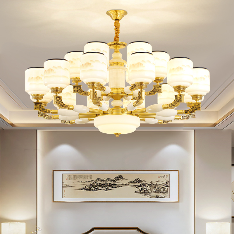 新中式吊灯全铜玉石客厅灯餐厅中国风现代轻奢大气餐厅灯具家用