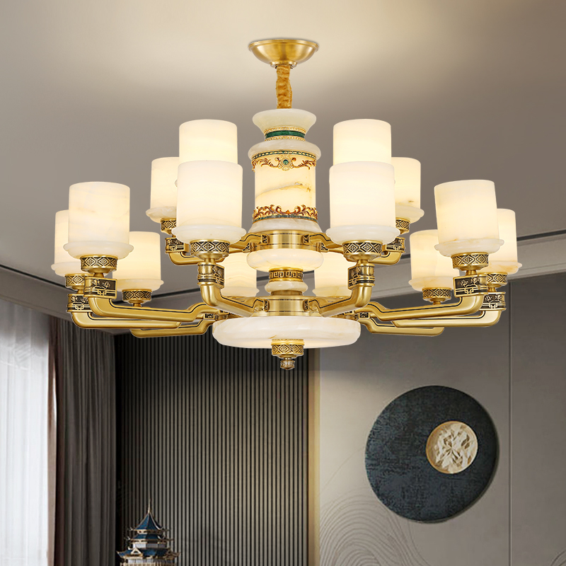 新中式高端天然玉石全铜客厅吊灯新中式复式楼大吊灯餐厅灯