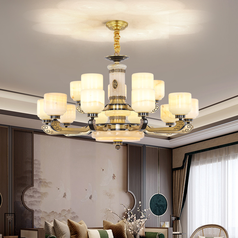 新中式全铜玉石吊灯别墅自建房客厅餐厅卧室国风酒店禅意家用灯具