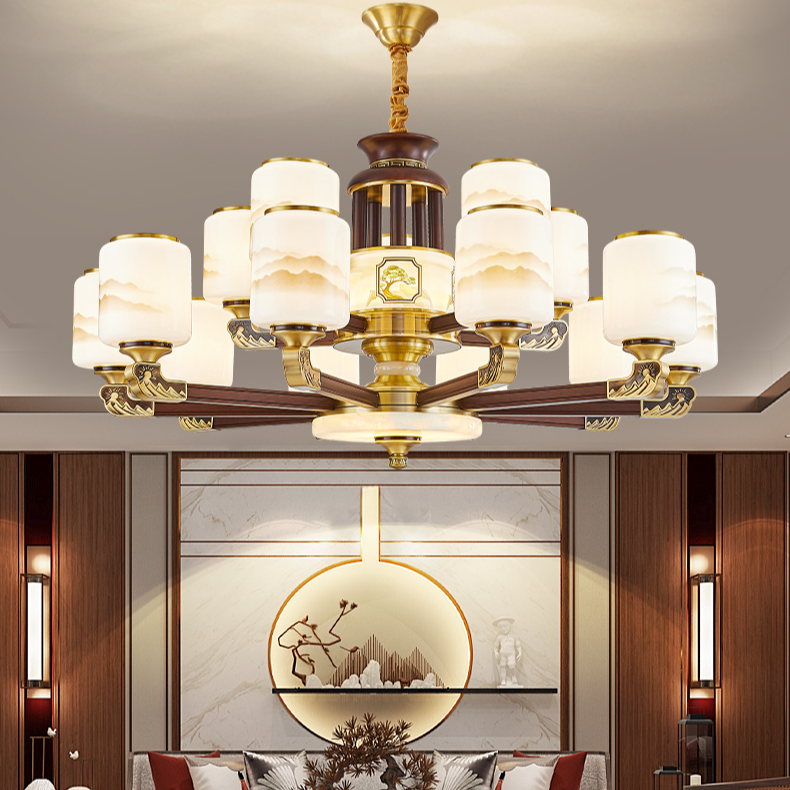新中式客厅吊灯别墅复式楼全铜玉石餐厅灯中国风高端大气大厅灯具