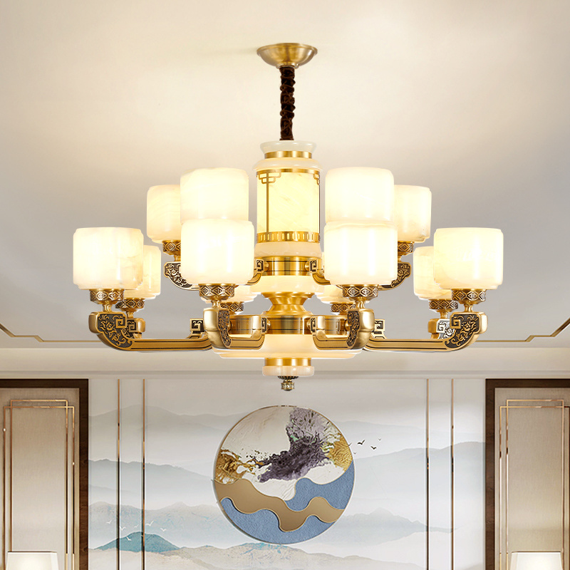 新中式高端天然玉石全铜客厅吊灯新中式复式楼大吊灯餐厅灯