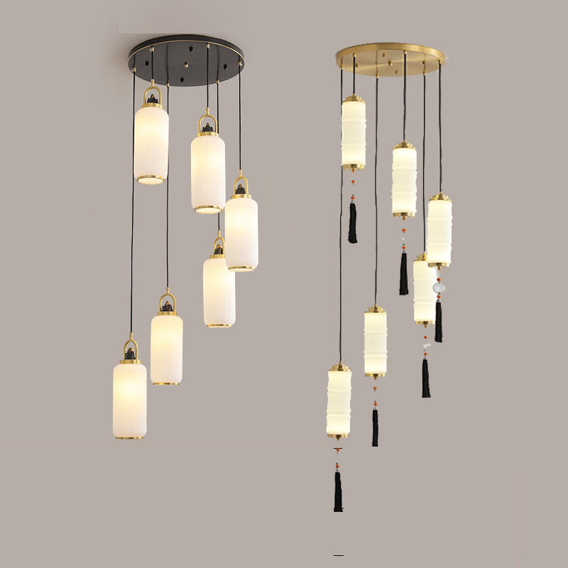 全新中式复式楼楼梯间全铜玻璃吊灯餐厅吧台装饰禅意灯具复古轻奢