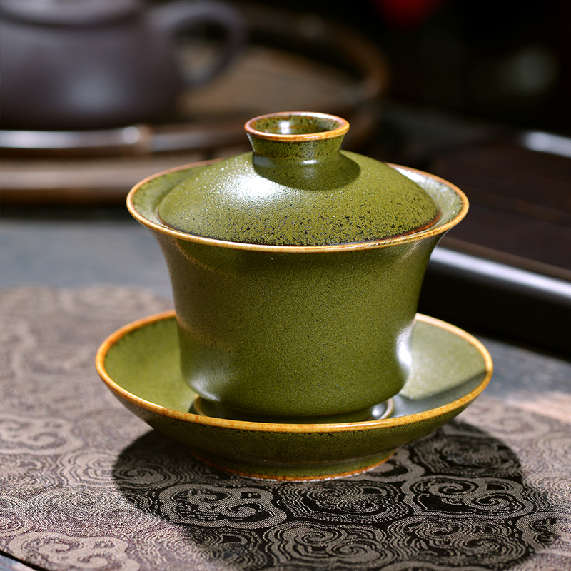 景德镇陶瓷茶叶末釉马蹄三才盖碗功夫茶具泡茶器
