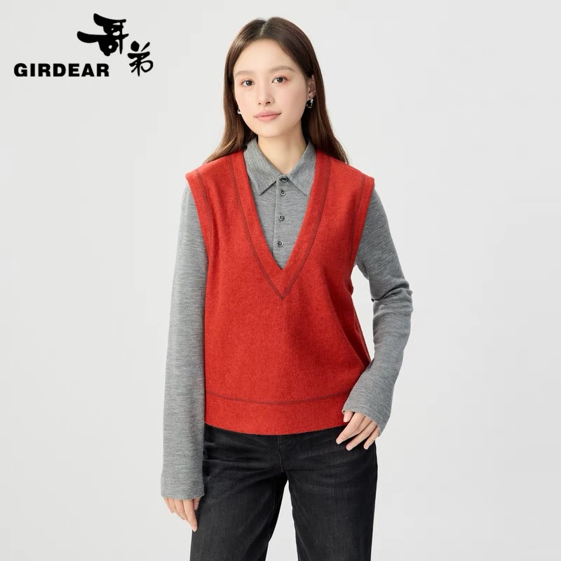 【官方正品】哥弟新款时尚百搭极简风大V领千鸟格套头马甲1301066