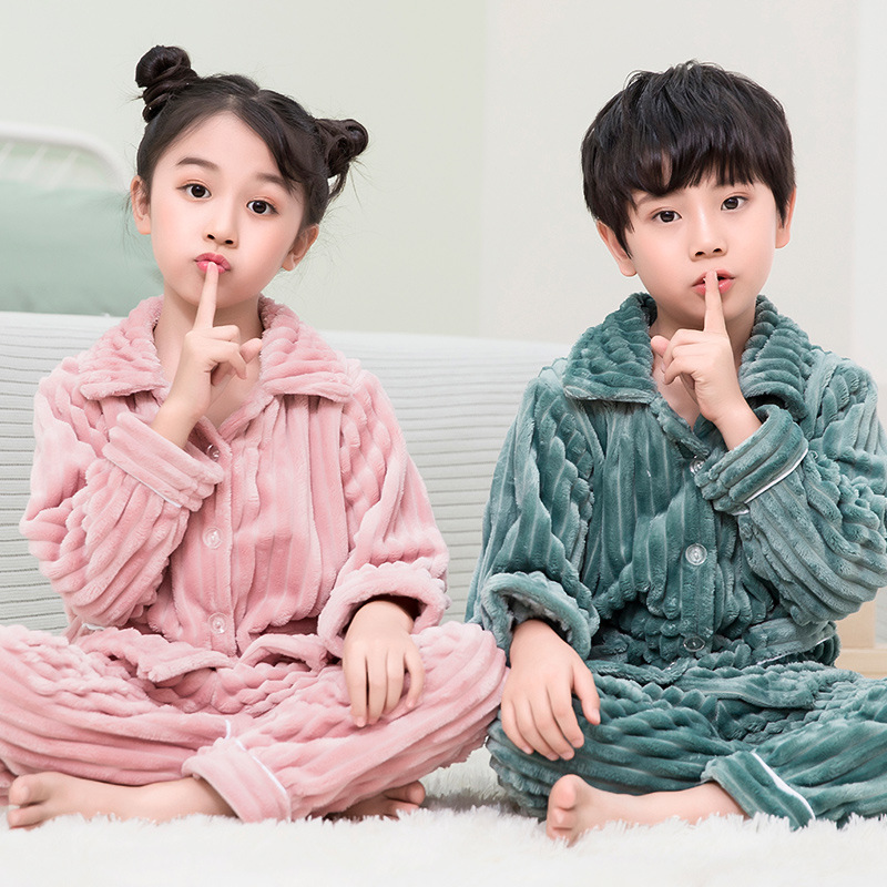 儿童法兰绒睡衣秋冬季加厚保暖男童女童小孩宝宝家居服珊瑚绒套装