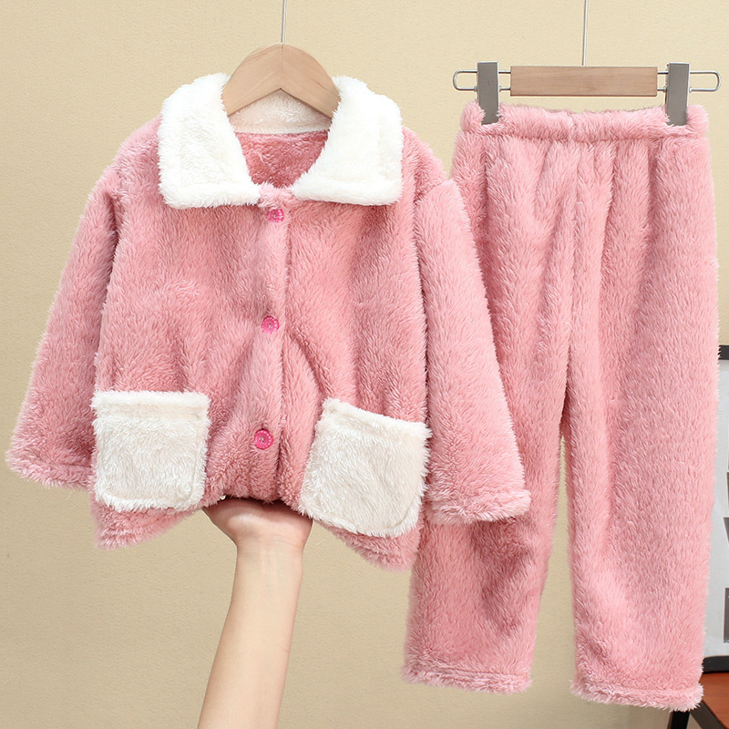 秋冬季儿童睡衣加厚长毛绒男童女童拼色法兰绒中小大童家居服套装