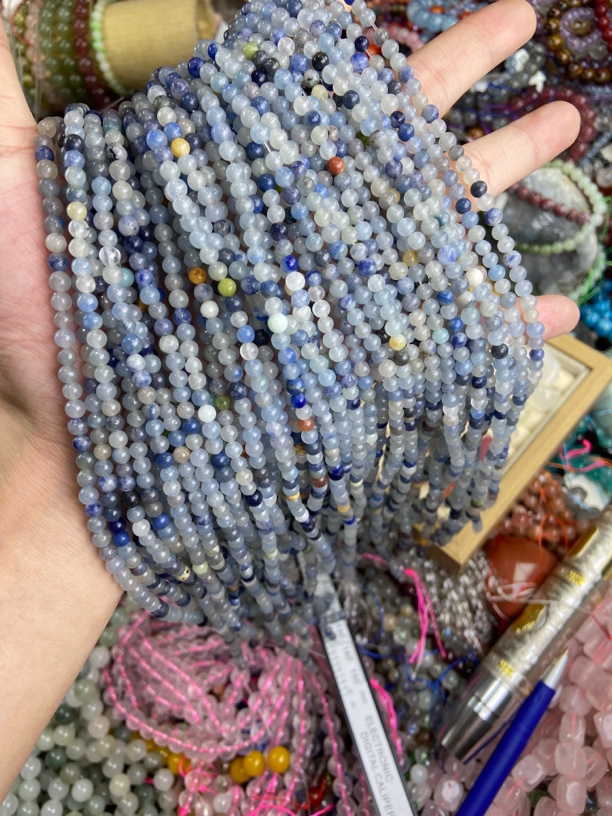 圆珠4mm左右蓝东陵玉天然石diy半成品散珠约80颗