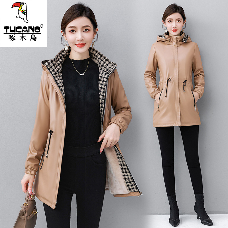 【官方正品】啄木鸟女士中长款皮衣可拆卸帽子时尚休闲皮衣女外套