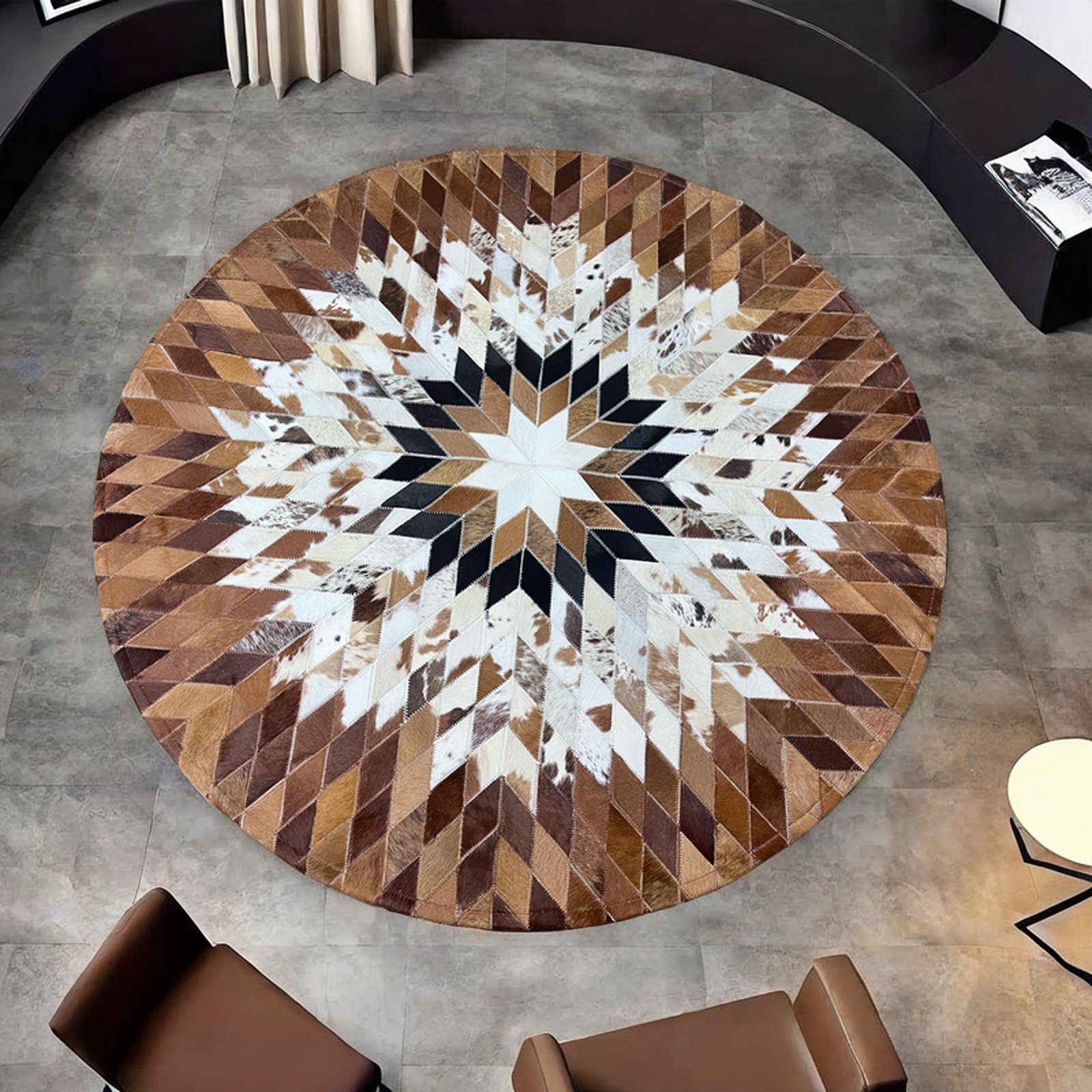 时尚牛皮格子手工拼接圆形地毯卧室网红床边毯书房网红茶几毯防滑