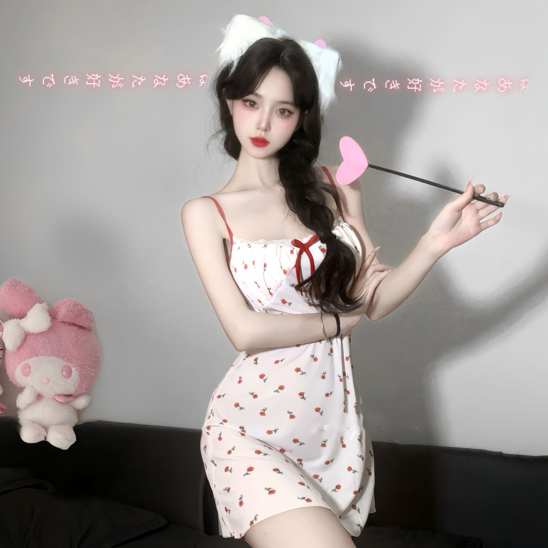 新款睡裙小清新睡衣女玫瑰花甜美吊带少女印花家居服带胸垫包臀裙