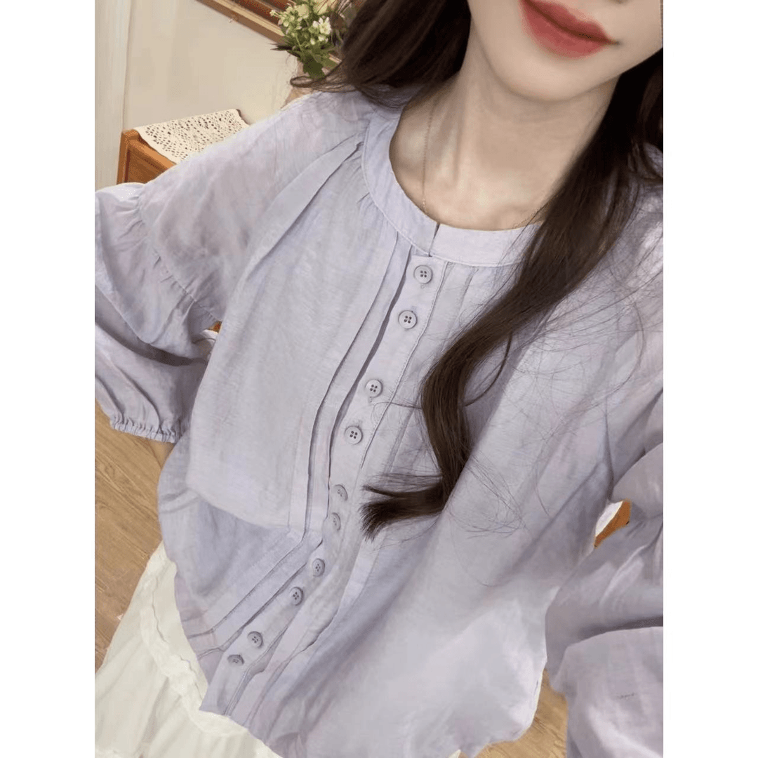 【五分糖】紫色八分袖衬衣女度假别致法式衬衫