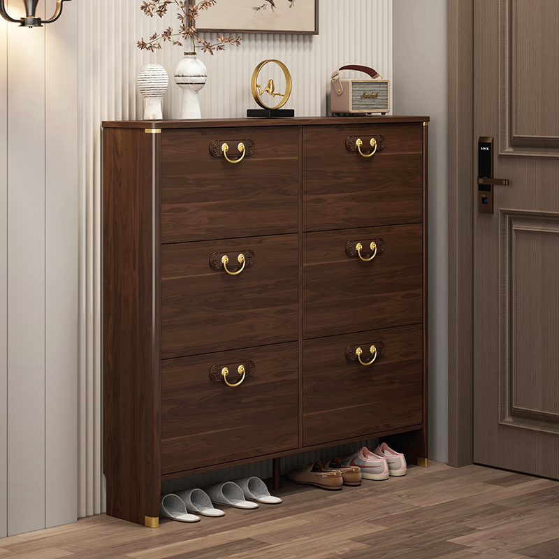 新中式实木立柱翻斗超薄鞋柜家用门口靠墙小户型窄款玄关鞋柜爆款