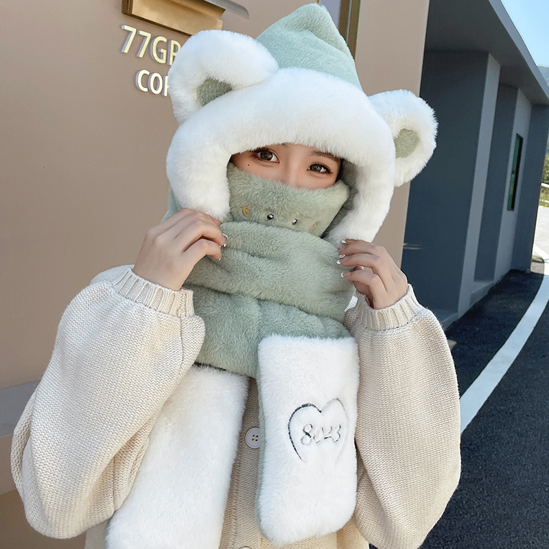 秋冬季新款小熊毛绒一体帽加厚骑行防风保暖百搭手套围脖帽子