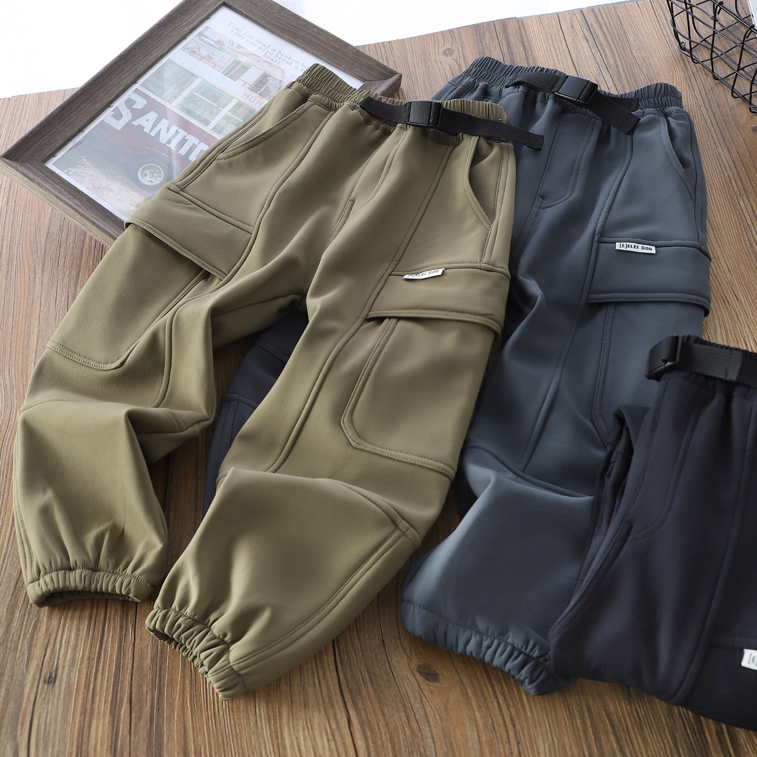 男童加绒裤子秋冬款儿童加绒加厚保暖运动裤男童工装裤39017