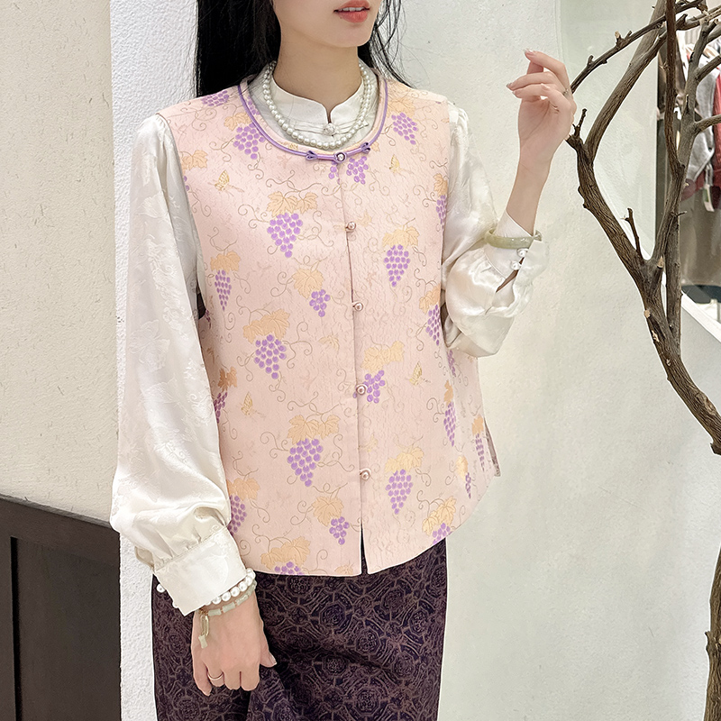 葡萄 粉色圆领无袖真丝新中式女装马甲可爱休闲百搭宋锦