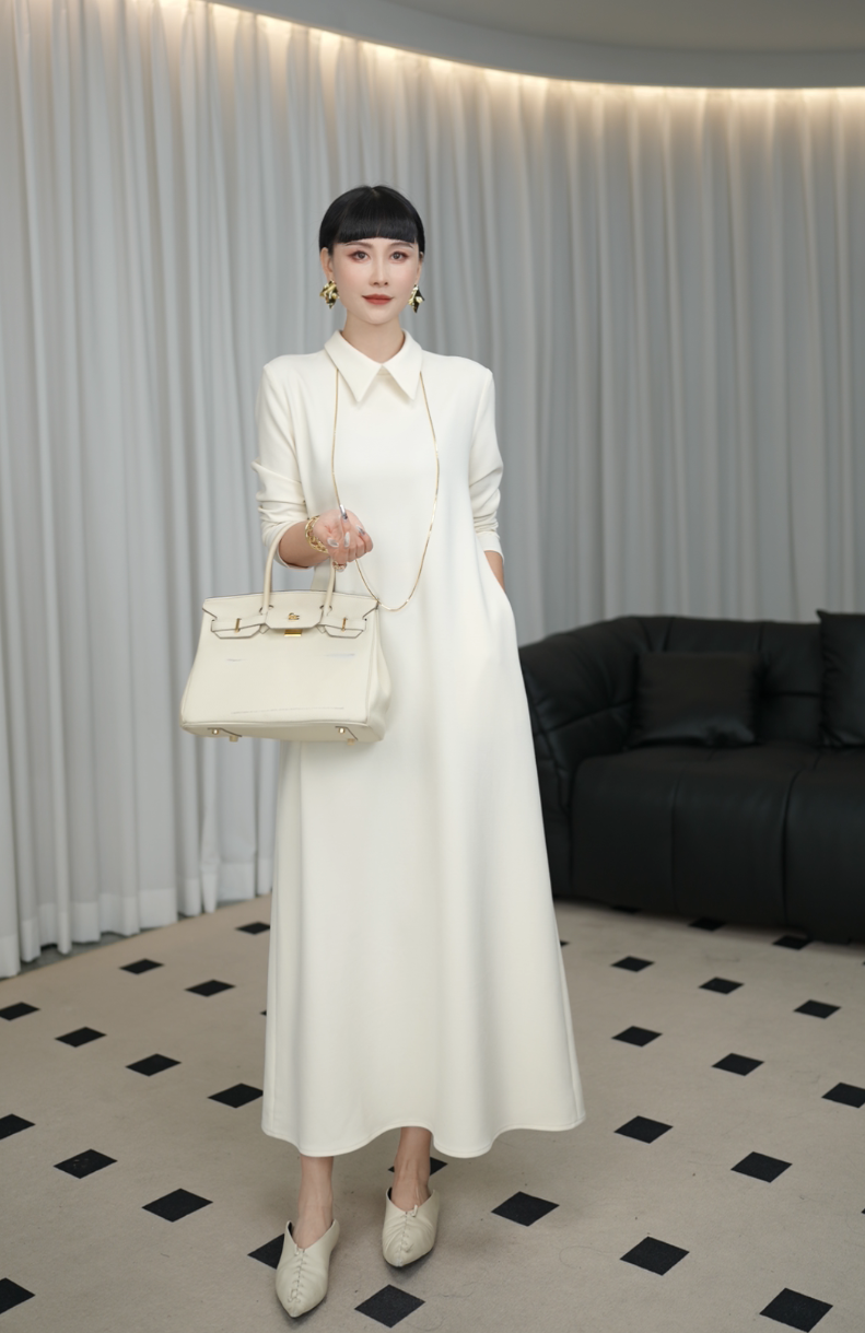 罗马假日-可机洗精纺TR时尚长款白色连衣裙女H43ZLA0055