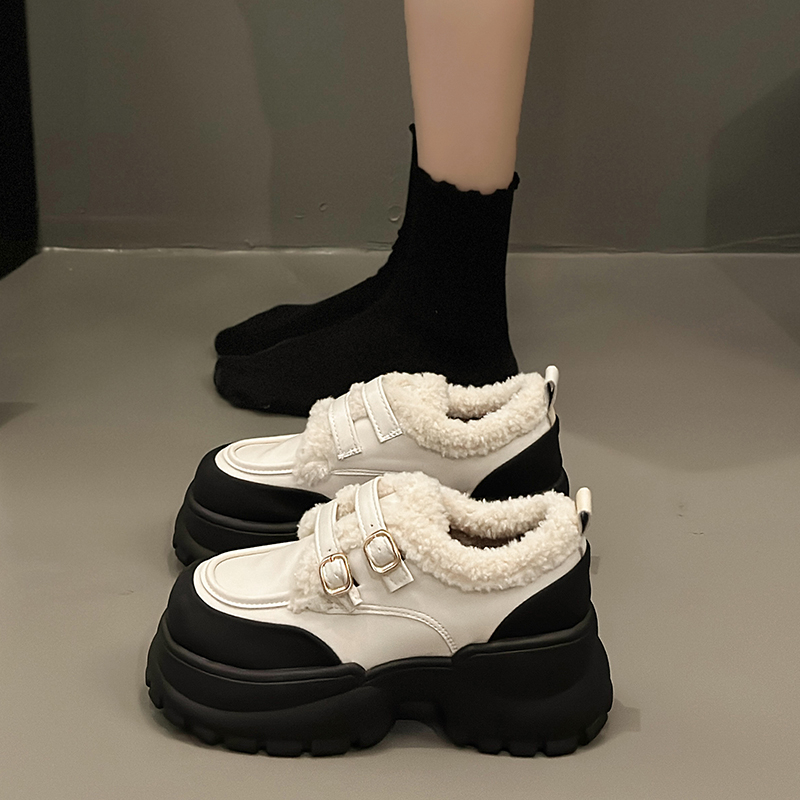 冬季森马潮厚底增高加绒女鞋子小皮鞋女2023新款冬季小个子乐福鞋