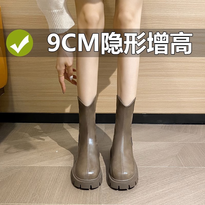 冬季森马潮小码内增高短靴女2023秋冬新款V口厚底马丁靴真皮女靴3