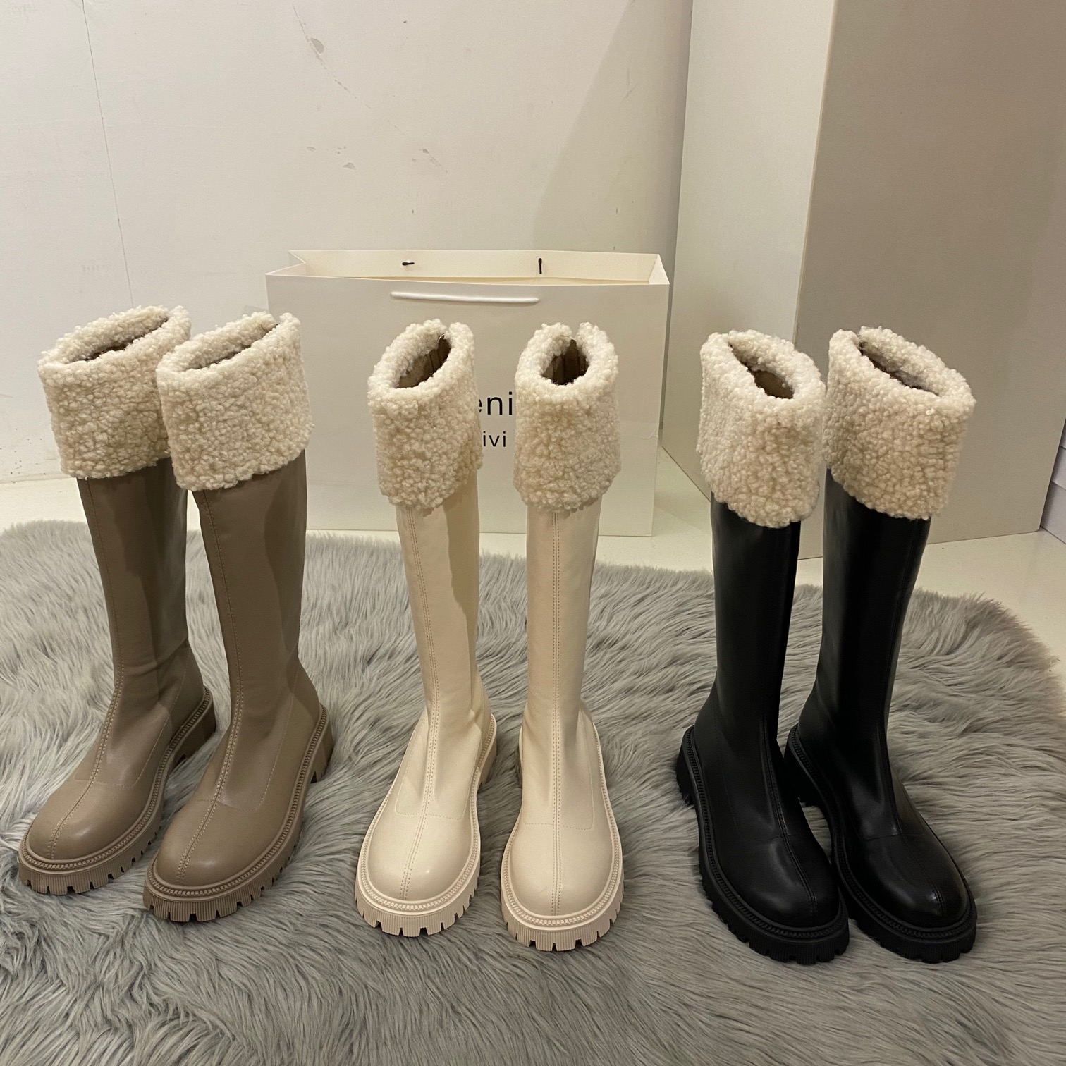 冬季森马潮长靴女鞋新款韩版长筒靴加绒毛毛雪地靴短靴子高筒靴马