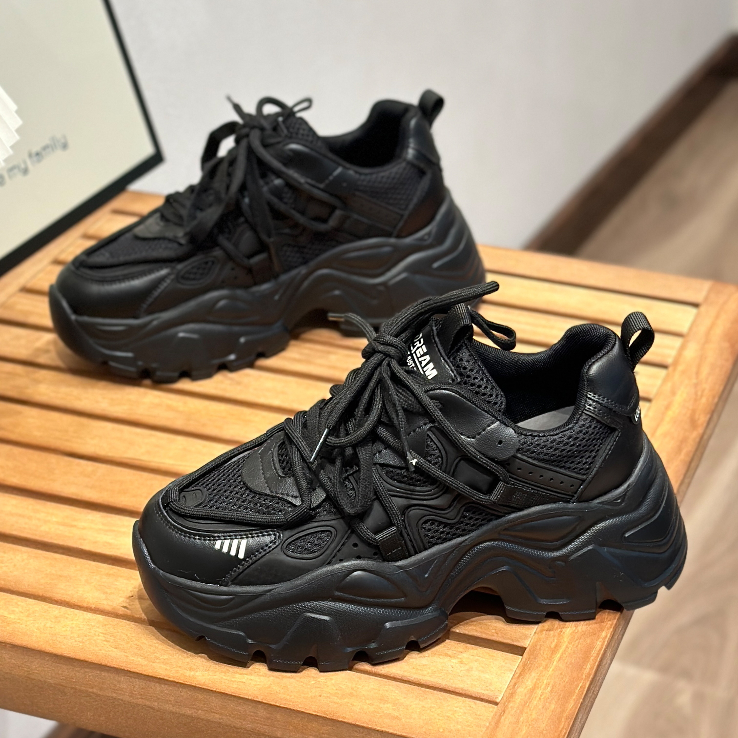 冬季森马潮7cm增高鞋子女厚底老爹鞋2023新款ins真皮女鞋运动休闲