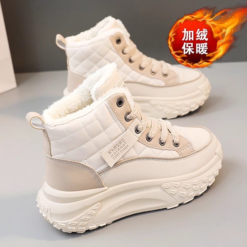 旺贝回力大棉鞋女冬季加绒高帮老爹鞋2023新款皮面防水厚底防滑东
