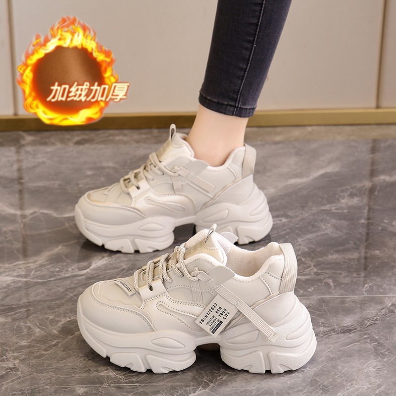 旺贝回力踩屎感莆田老爹鞋女冬加绒2023新款秋冬季港风厚底皮面运