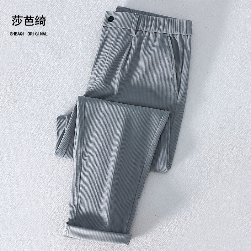 莎芭绮秋冬纯色宽松厚款男休闲长裤灯芯绒休闲裤男松紧腰直筒裤子