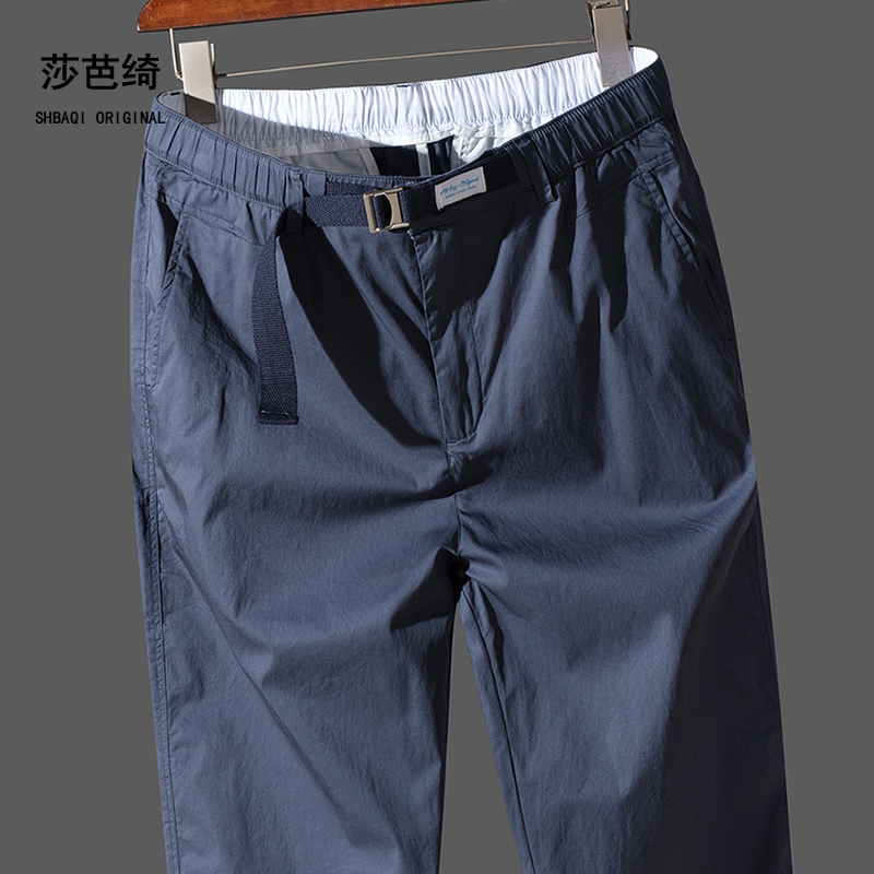 春夏薄款棉休闲裤男松紧腰九分裤宽松直筒裤子青年潮男藏青9分裤