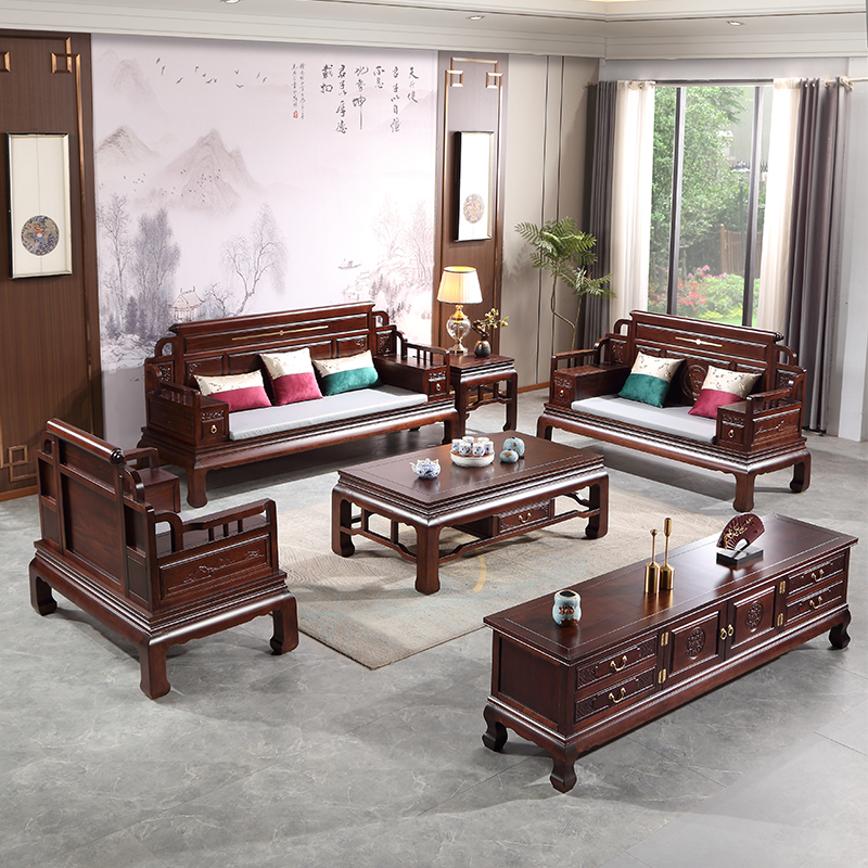 全实木格木新中式沙发客厅简约家用别墅轻奢雕花整套两用实木沙发