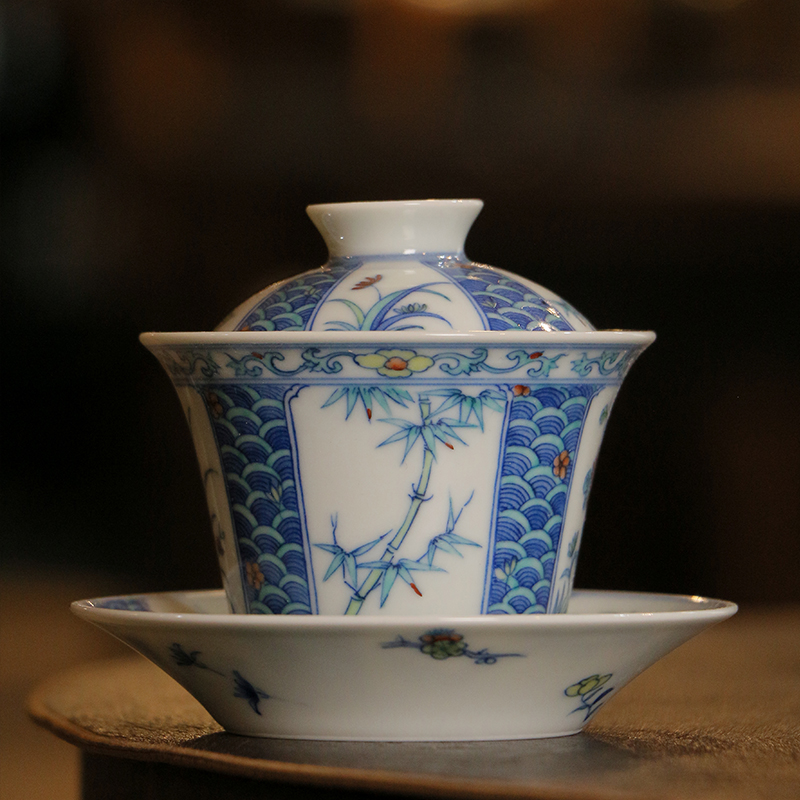 一溪山房 景德镇纯手工手绘青花斗彩陶瓷  松竹梅三才盖碗