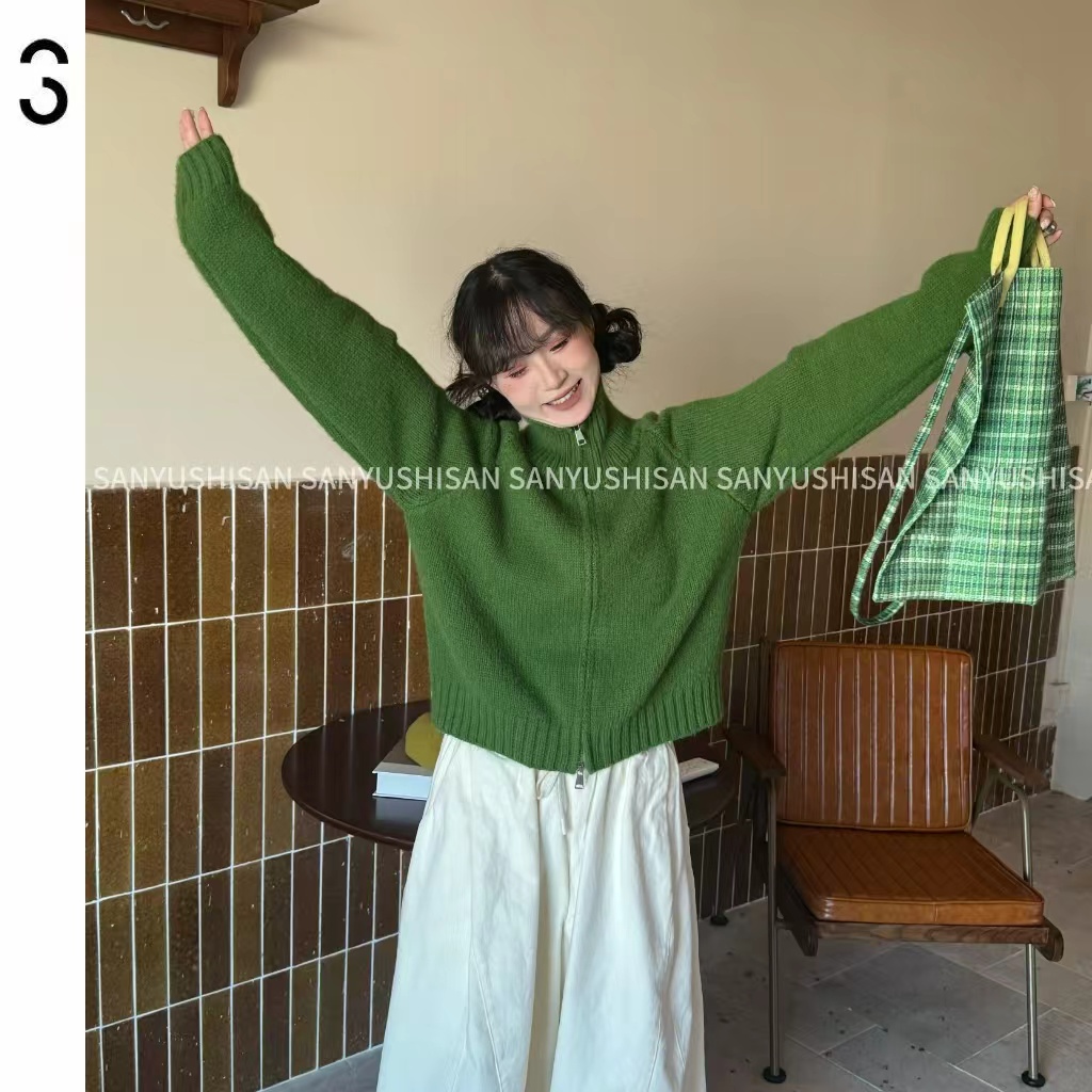 三与十三|海港漫步|设计感纯色针织衫双拉链宽松百搭针织开衫-1