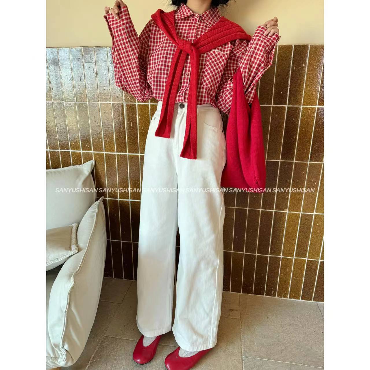 三与十三|悠闲派长裤|日系复古长裤宽松直筒休闲高腰牛仔长裤（壹）