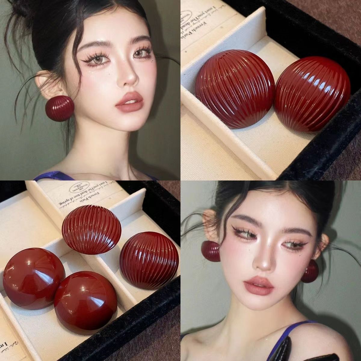 欧美风安可拉红条纹圆形金属耳钉女日韩时尚复古小众设计洋气耳饰