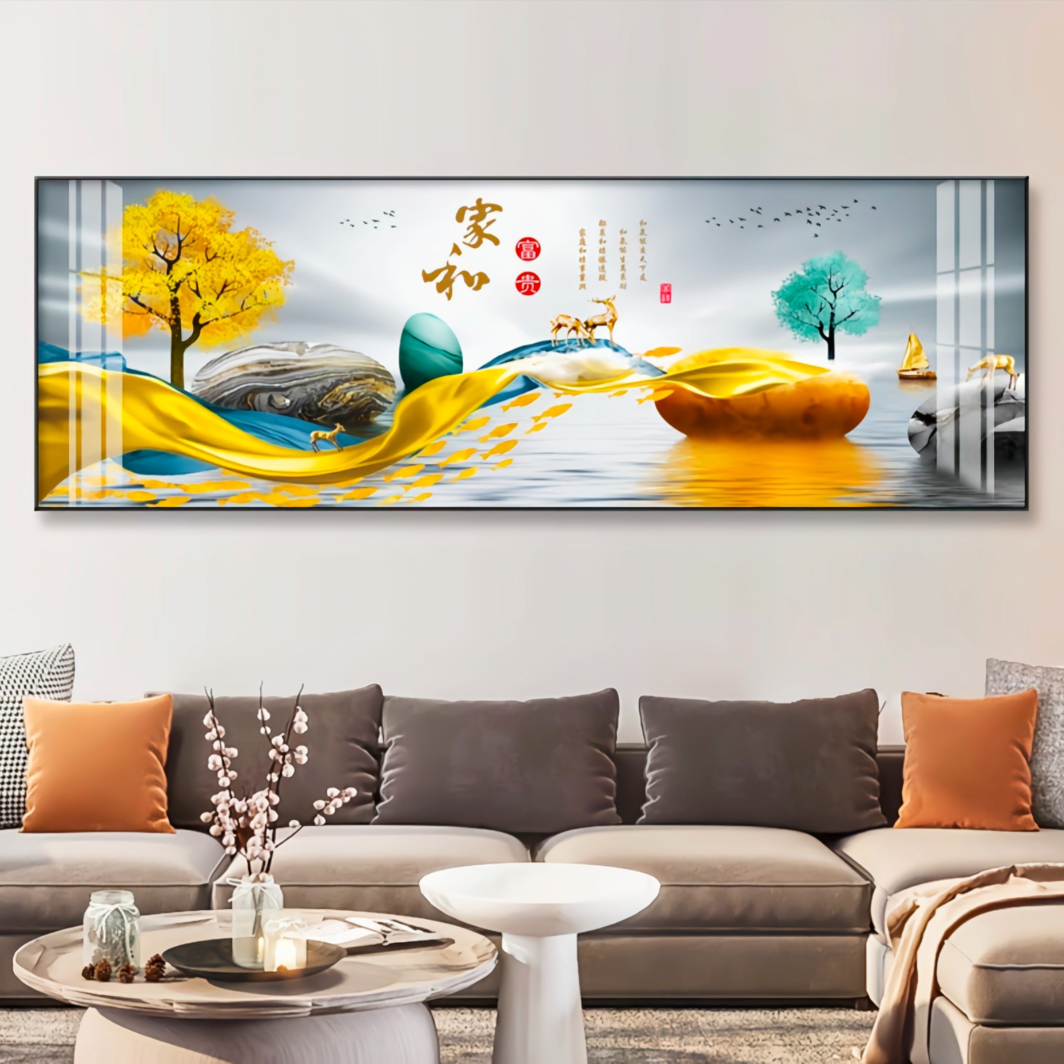 客厅办公室二家和富贵石来运转横幅画山水画晶瓷装饰画手工时尚