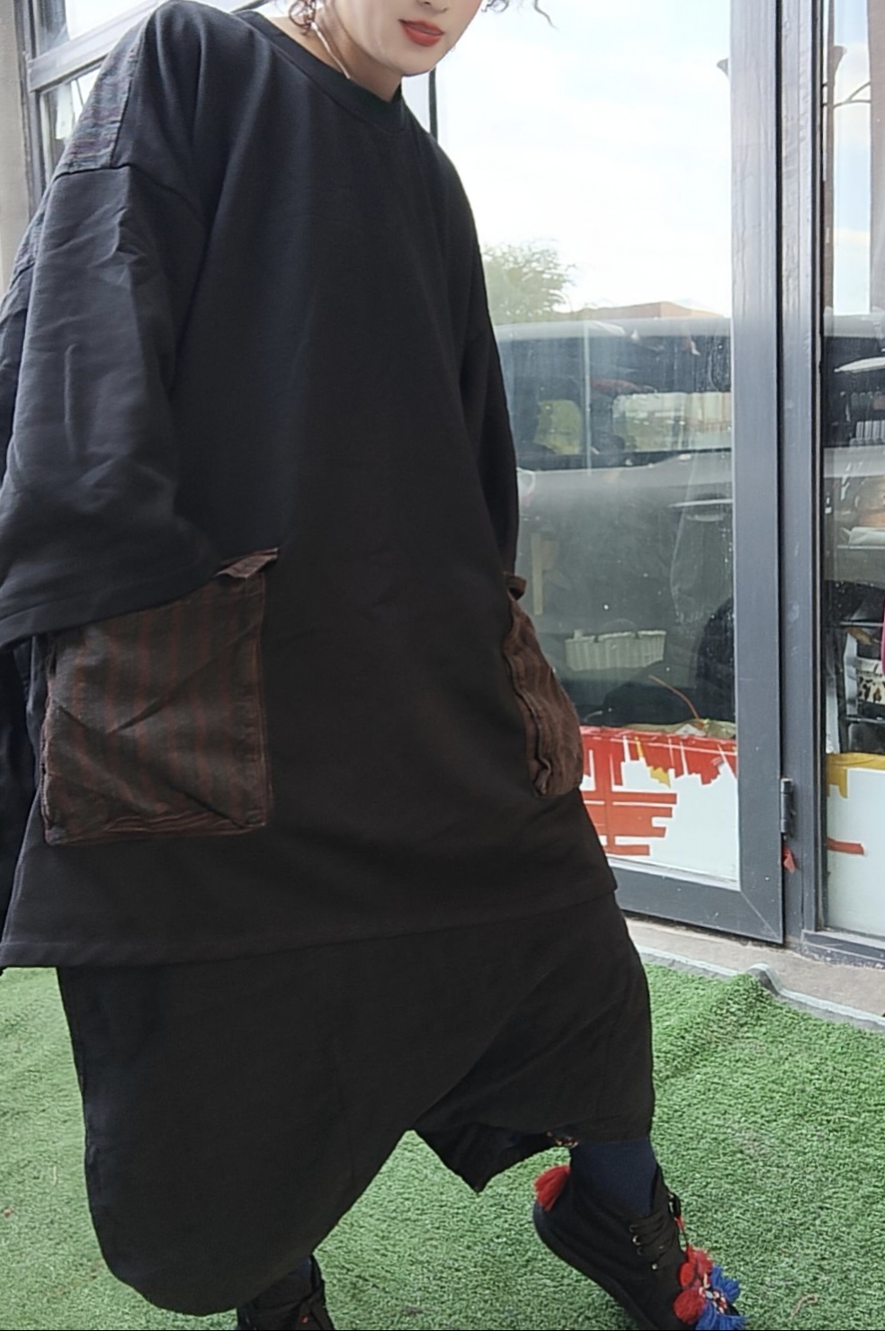 无吊牌磨白做旧加里布圆领后拼老布T恤