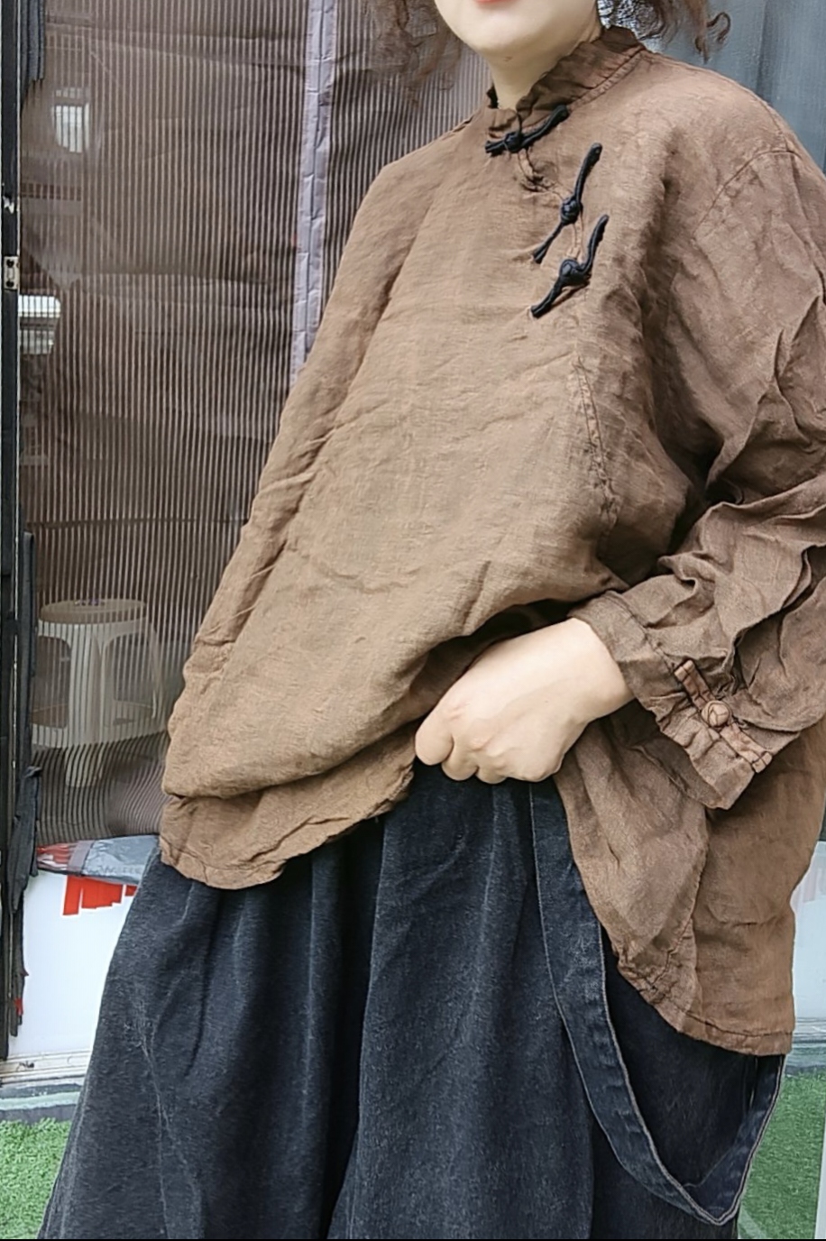 炒色做旧黑色脏染工艺盘扣衫