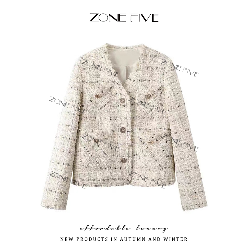 【zonefive】早秋新款法式V领花纱编织小香风外套-588