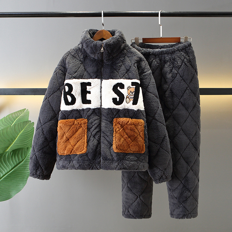 秋冬季天男士三层夹棉珊瑚绒睡衣加绒加厚保暖拉链男生家居服套装