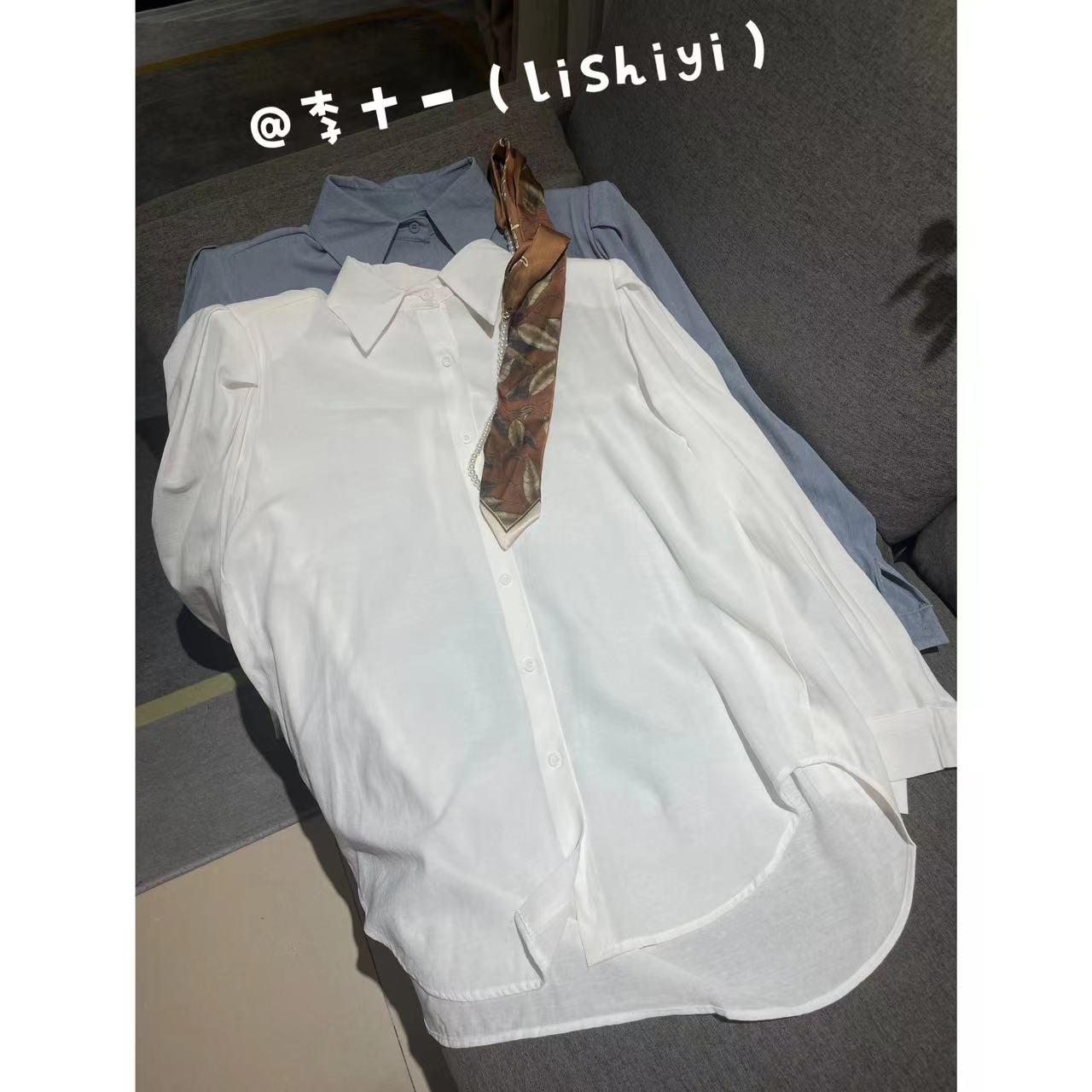 露露【暮色白云】高雅法式翻领白色长袖衬衫上衣（带领带）