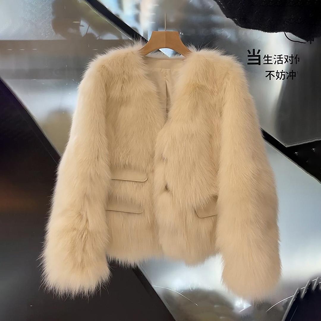 美拉德 毛毛外套女常规秋冬季新款韩版V领口袋气质外套女装26702#