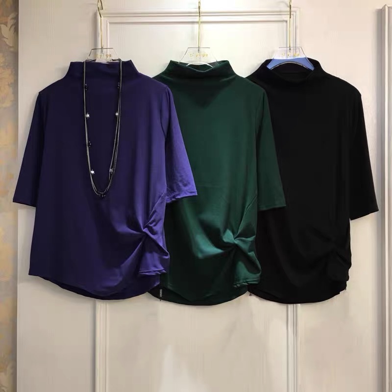 2025春秋新款小立领t恤女韩版五分袖扭结收腰弹力棉不规则打底衫