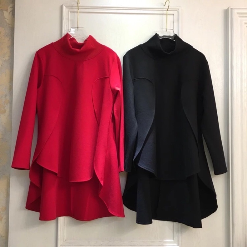 2025春秋新品欧美复古拼接宽松中长款高领卫衣不规则显瘦女T恤潮